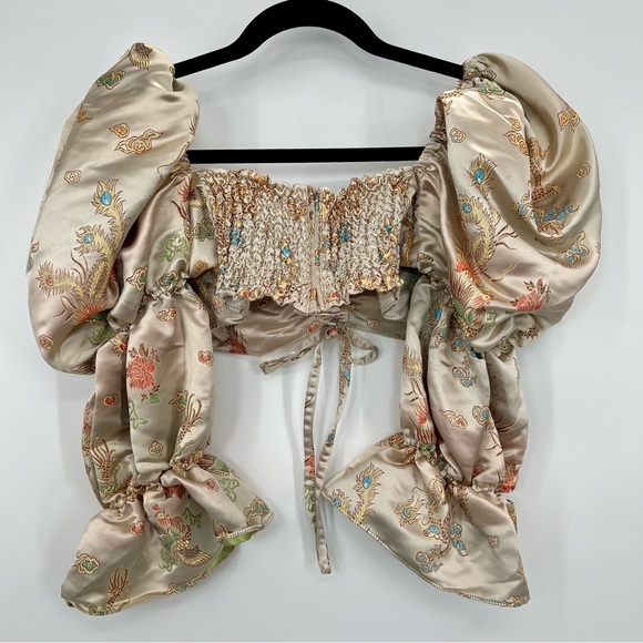 ASOS Design Puff Sleeve Top Champagne Jacquard Tank Asian Dragon Cropped US 6 - Picture 7 of 9